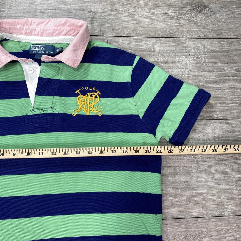 Polo Ralph Lauren Polo Shirt Mens Large Green Navy Striped Custom Fit Rugby Logo - Picture 4 of 16